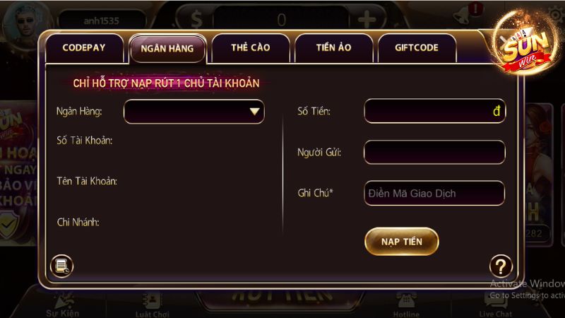 Cách thức nạp tiền SunWin đơn giản, dễ thực hiện